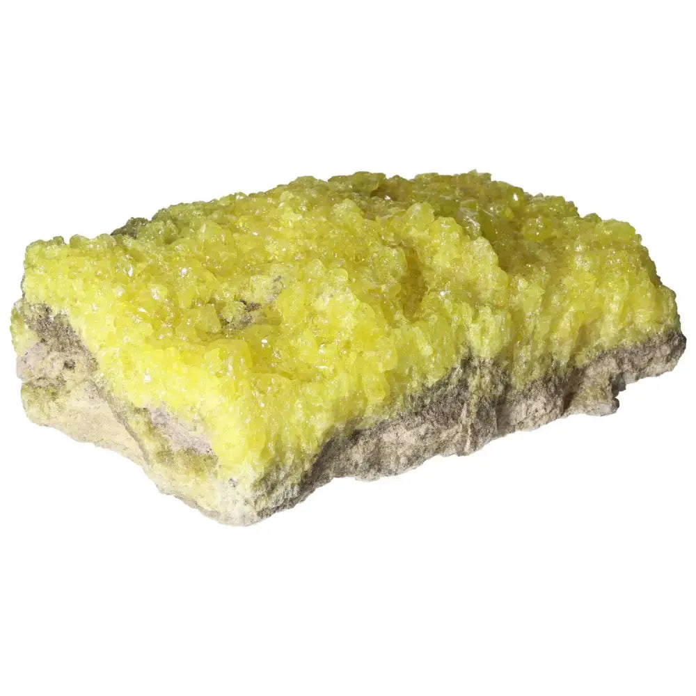 Rough Sulphur Druze with vibrant yellow crystals, showcasing natural artistry, from Sylvia Crystals' premium collection.