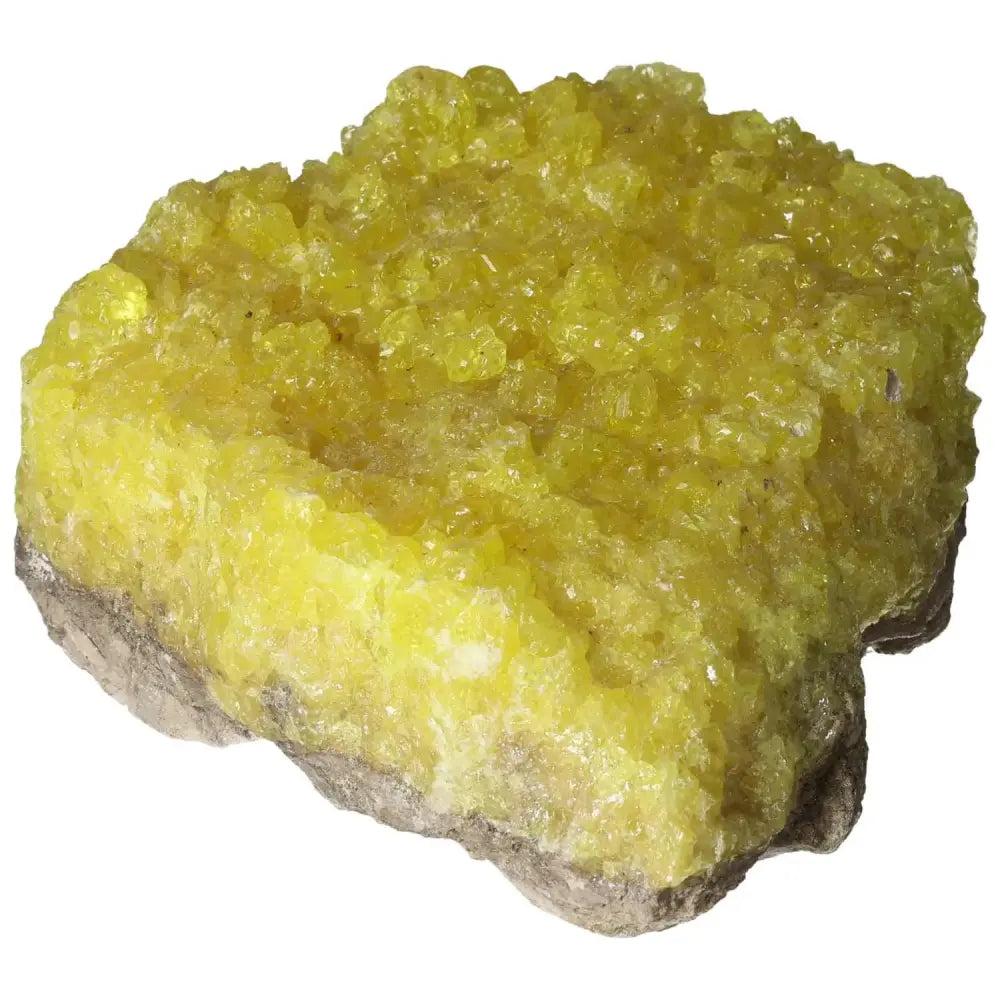 Vibrant yellow Rough Sulphur Druze crystal, a premium mineral from Sylvia Crystals, known for its cleansing properties.