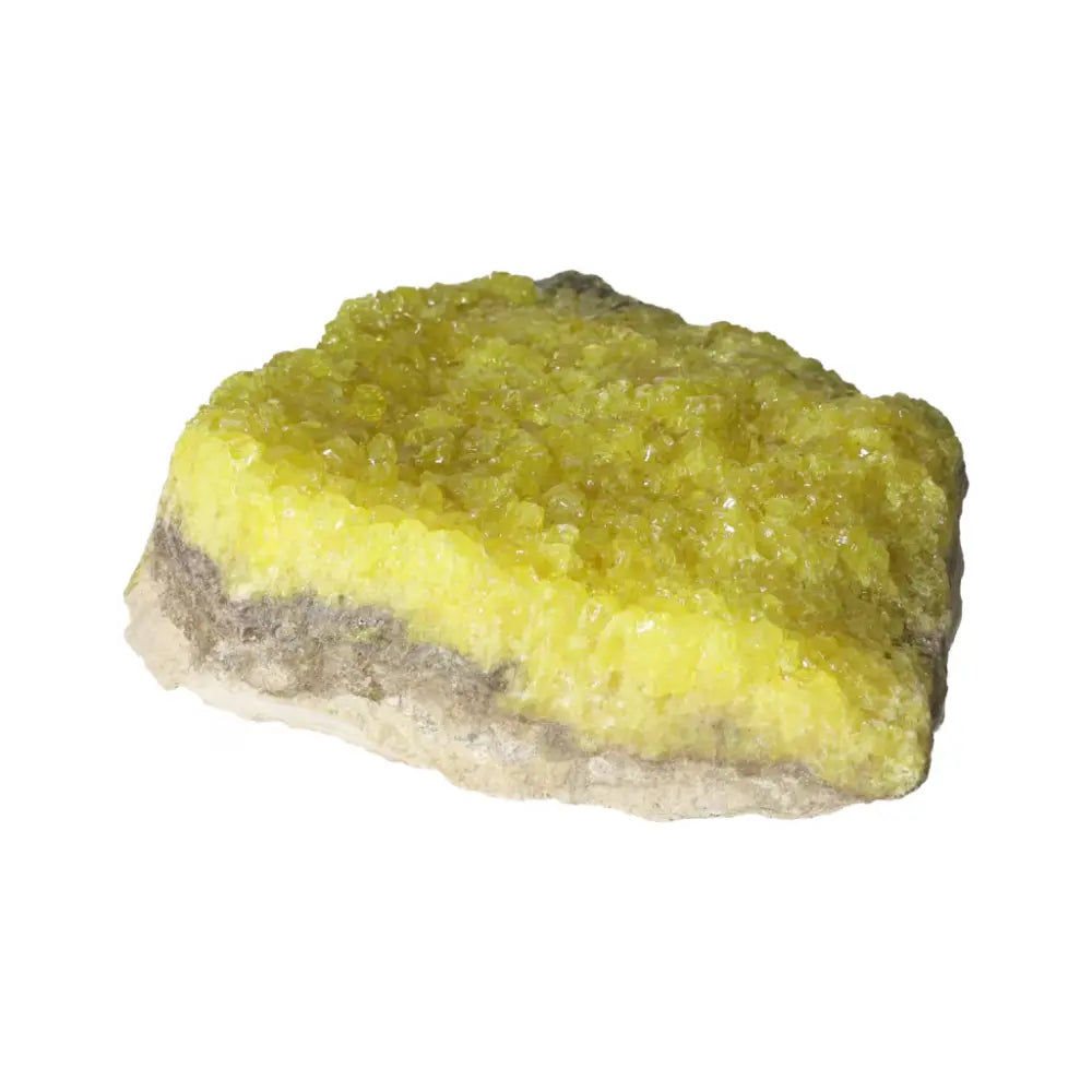 Rough Sulphur Druze crystal, vibrant yellow hues, natural druzy formations, elegant collector's piece from Sylvia Crystals.