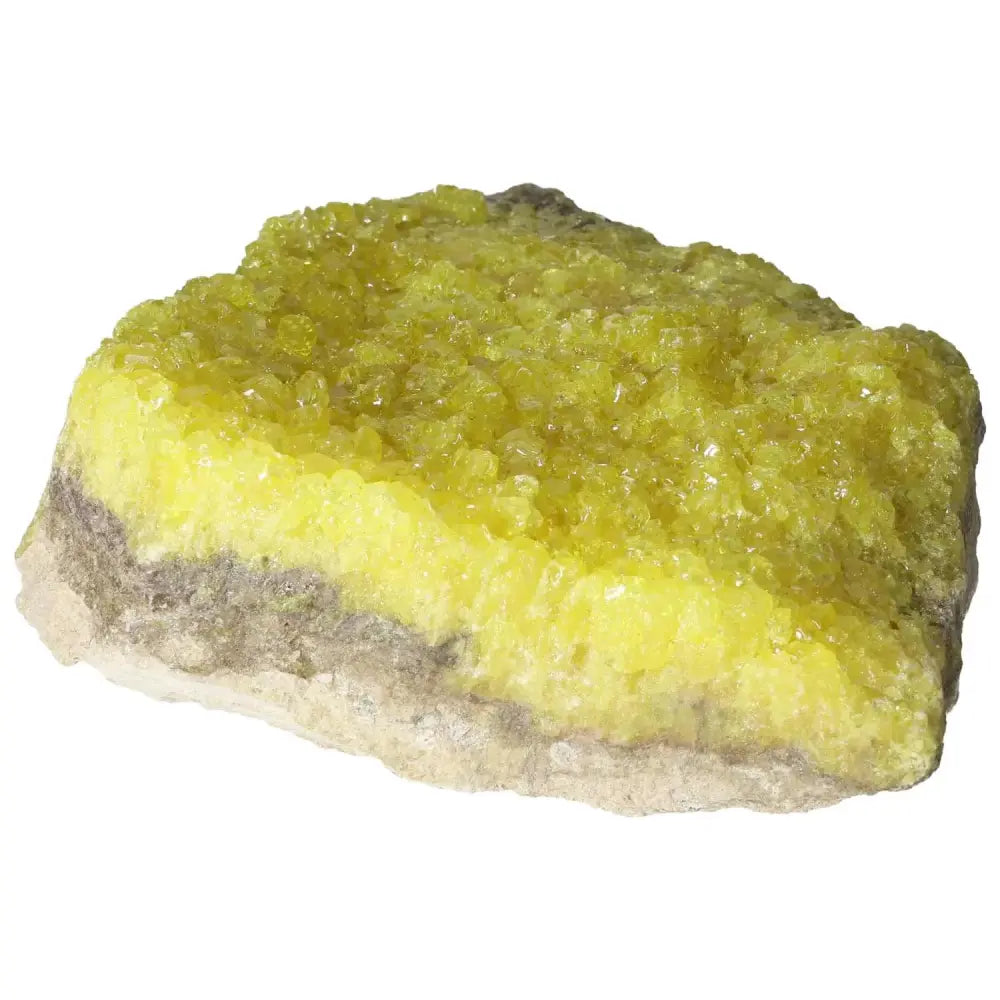 Rough Sulphur Druze crystal with vibrant yellow hues and natural druzy formations, from Sylvia Crystals collection.