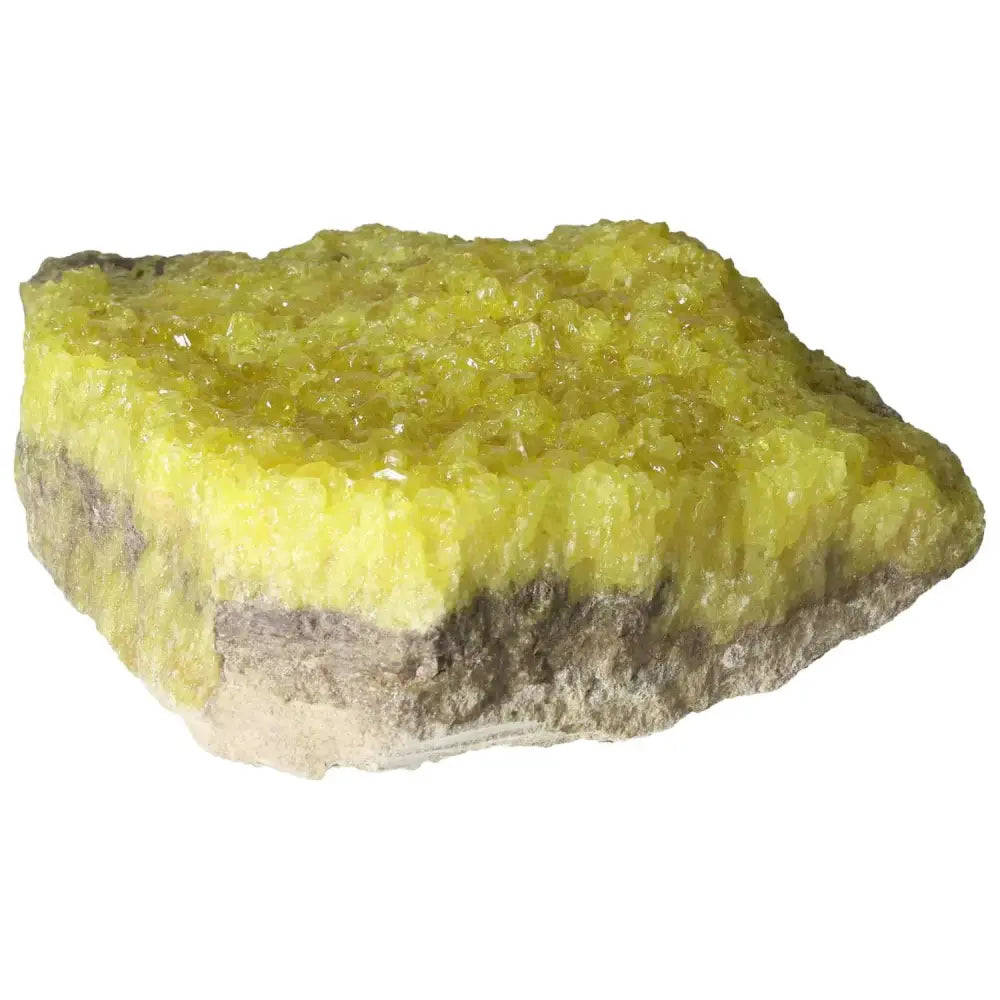 Rough Sulphur Druze crystal with vibrant yellow hues and natural druzy formations, from Sylvia Crystals.