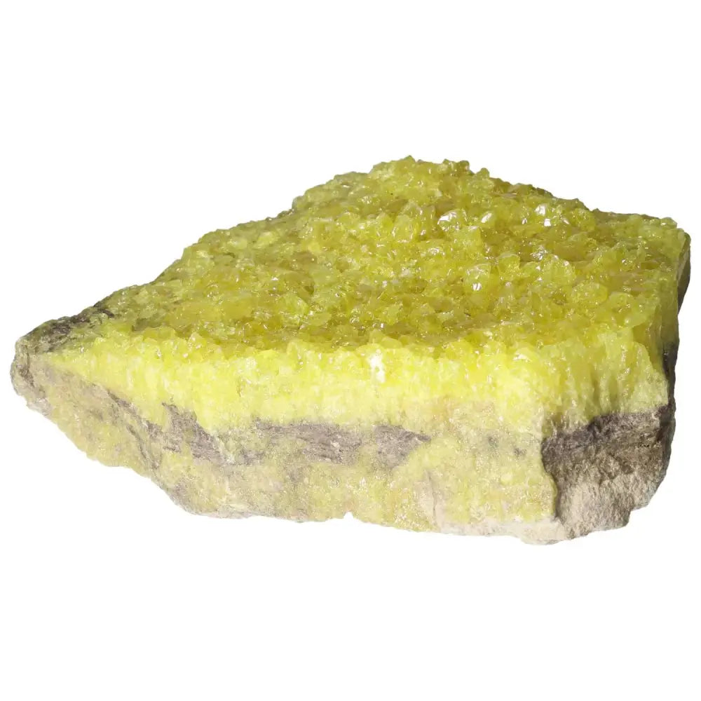 Vibrant yellow Rough Sulphur Druze crystal by Sylvia Crystals, showcasing natural druzy formations and stunning textures.