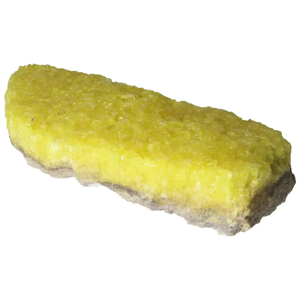 Rough Sulphur Druze gemstone with vibrant yellow hues and intricate crystal formations from Sylvia Crystals.