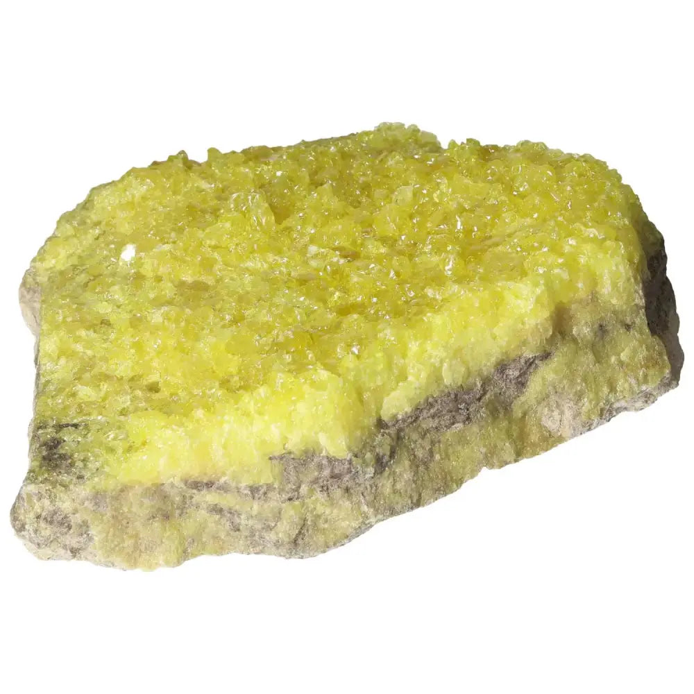 Vibrant yellow Rough Sulphur Druze crystal from Sylvia Crystals, showcasing natural druzy formations and exquisite texture.