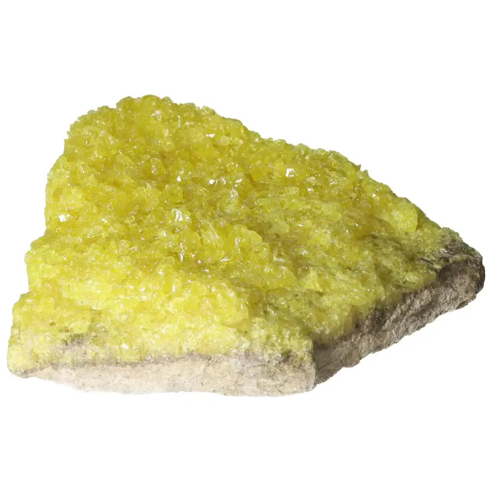 Rough Sulphur Druze crystal with vibrant yellow hues and natural druzy formations from Sylvia Crystals, a premium collector's piece.
