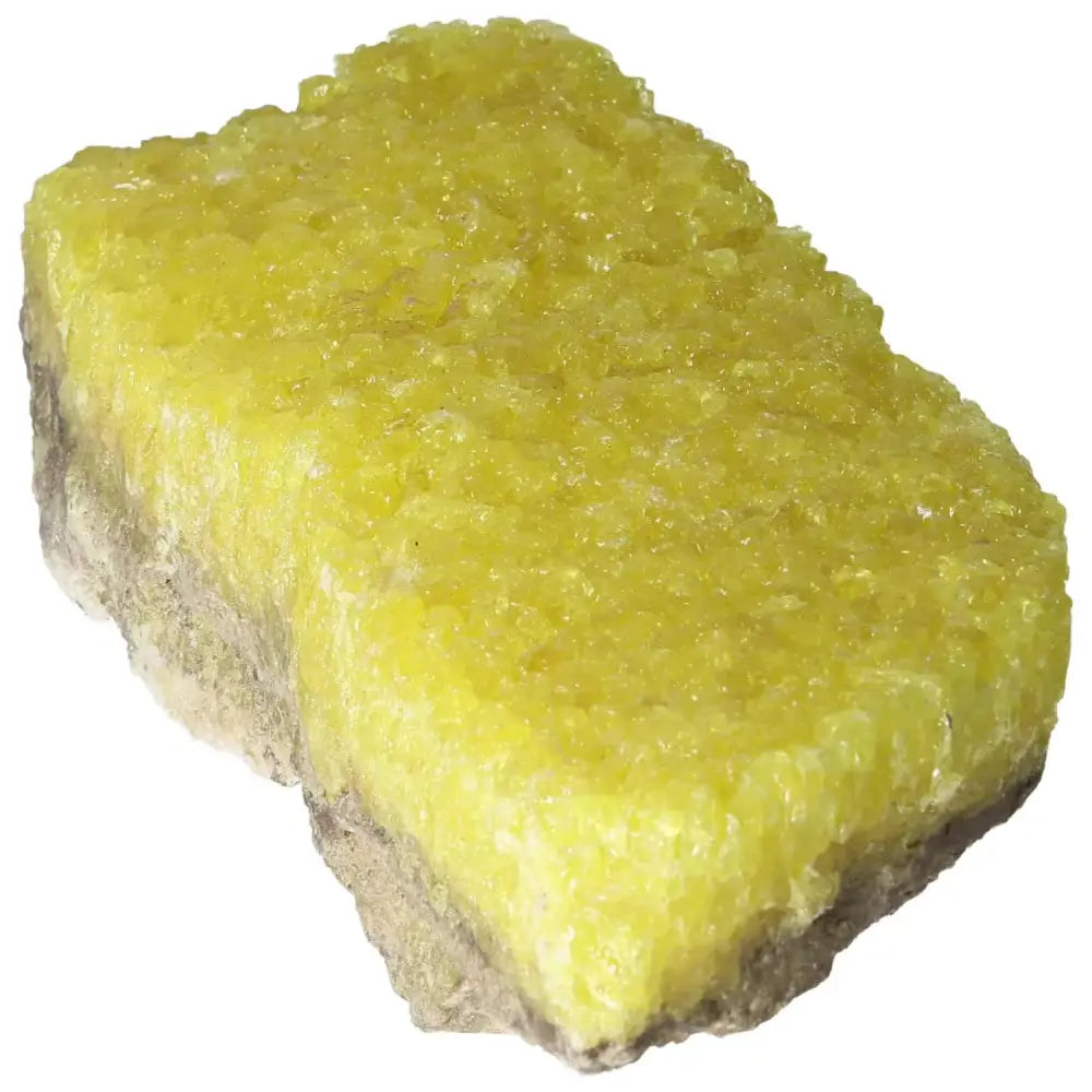 Rough Sulphur Druze gemstone with vibrant yellow crystals, a premium piece by Sylvia Crystals showcasing nature's raw beauty.