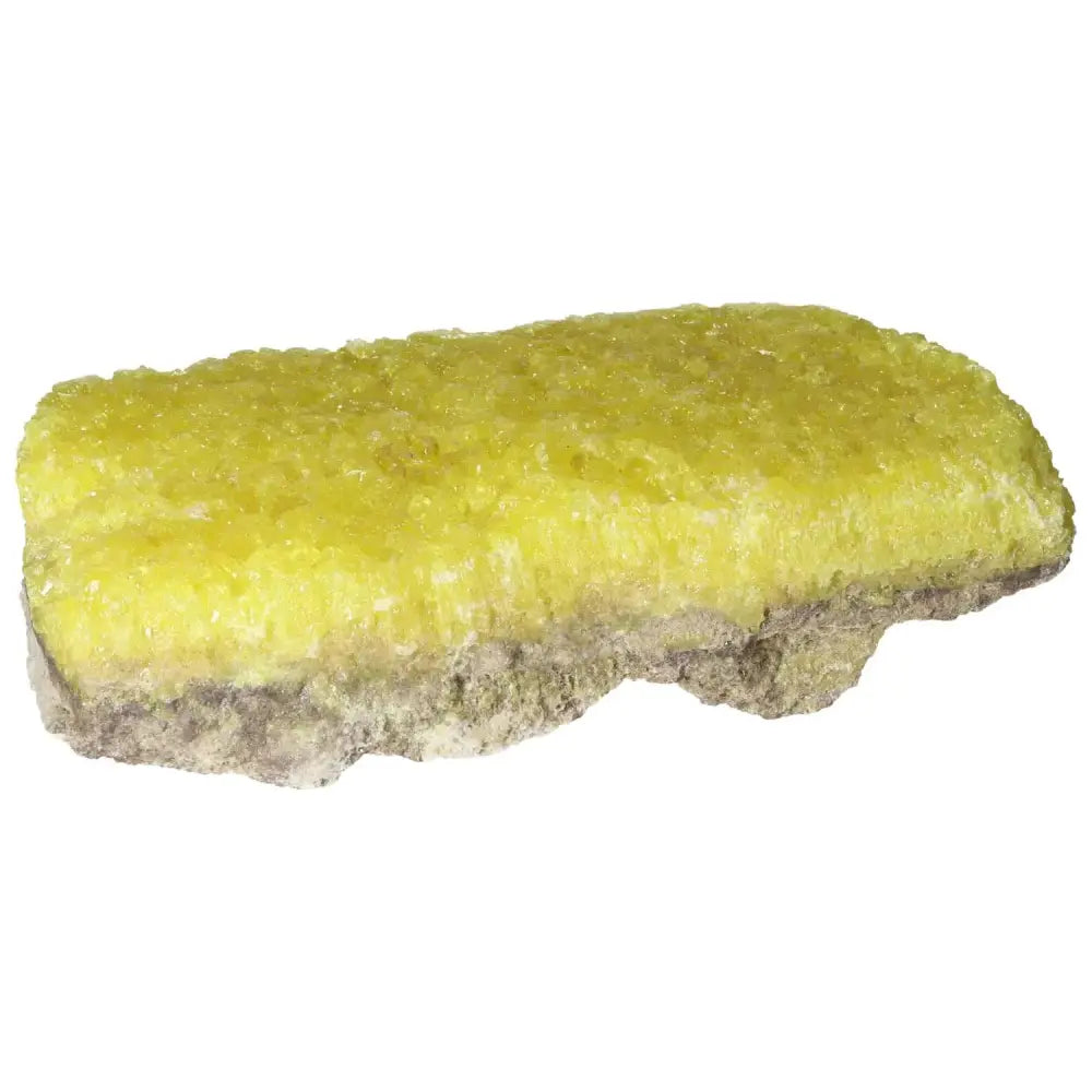 Vibrant yellow Rough Sulphur Druze gemstone with intricate crystal formations from Sylvia Crystals collection.