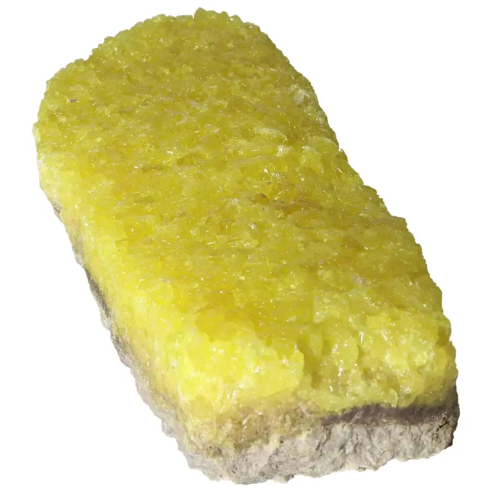 Alt Tag: "Rough Sulphur Druze gemstone with vibrant yellow tones, showcasing intricate crystal formations by Sylvia Crystals"