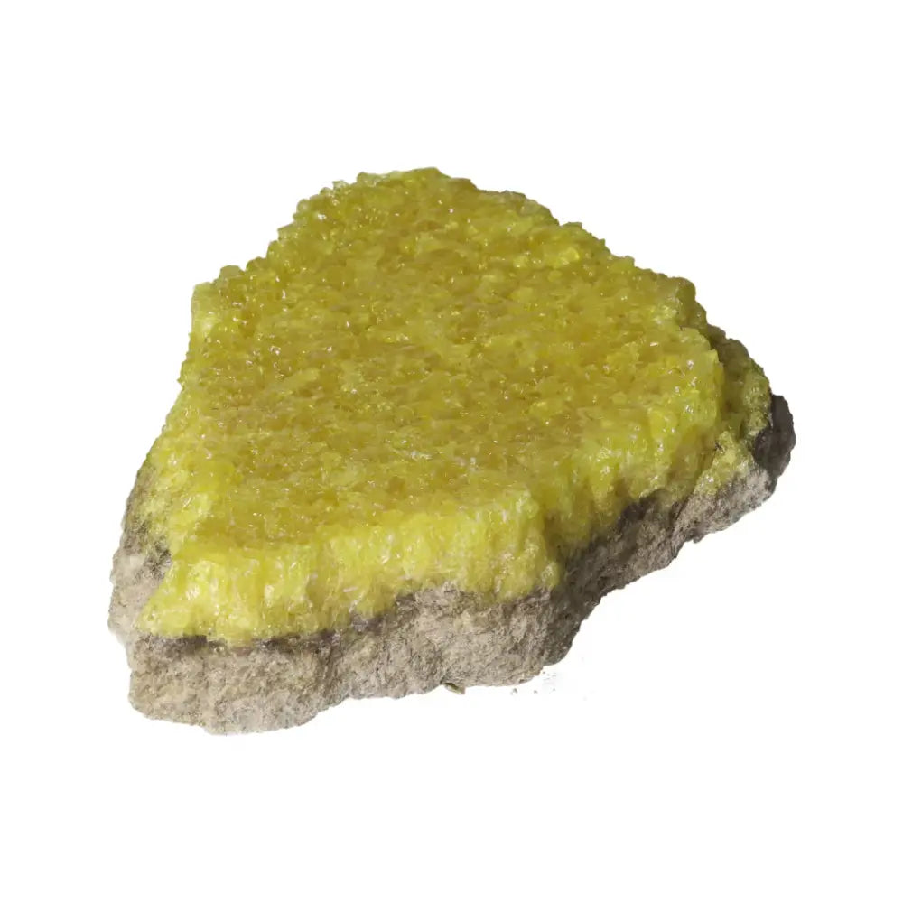 Vibrant yellow Rough Sulphur Druze crystal, a natural formation from Sylvia Crystals, perfect for enhancing spiritual energy and decor.