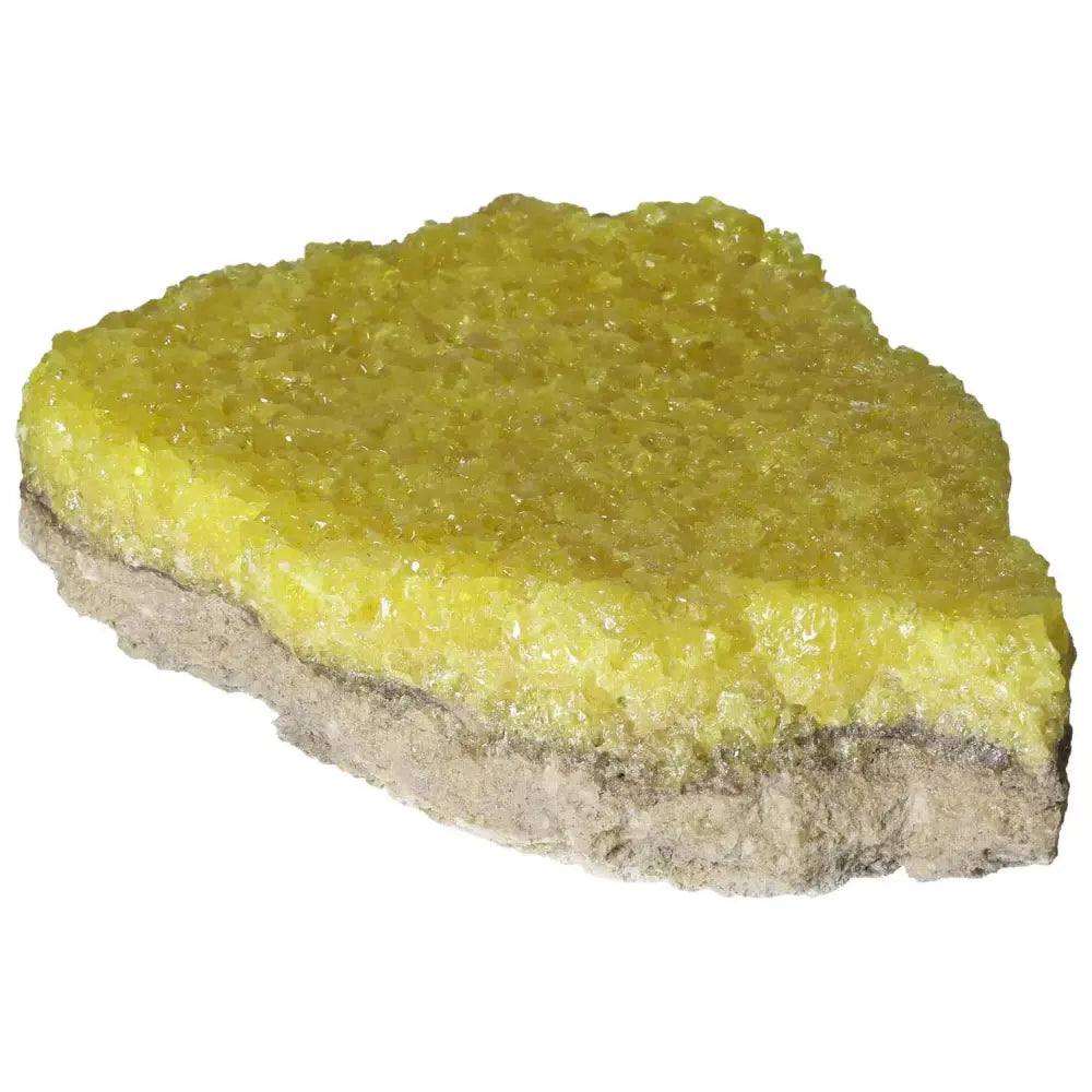 Alt Tag: Rough Sulphur Druze with vibrant yellow crystals, perfect for home decor and spiritual energy enhancement from Sylvia Crystals.