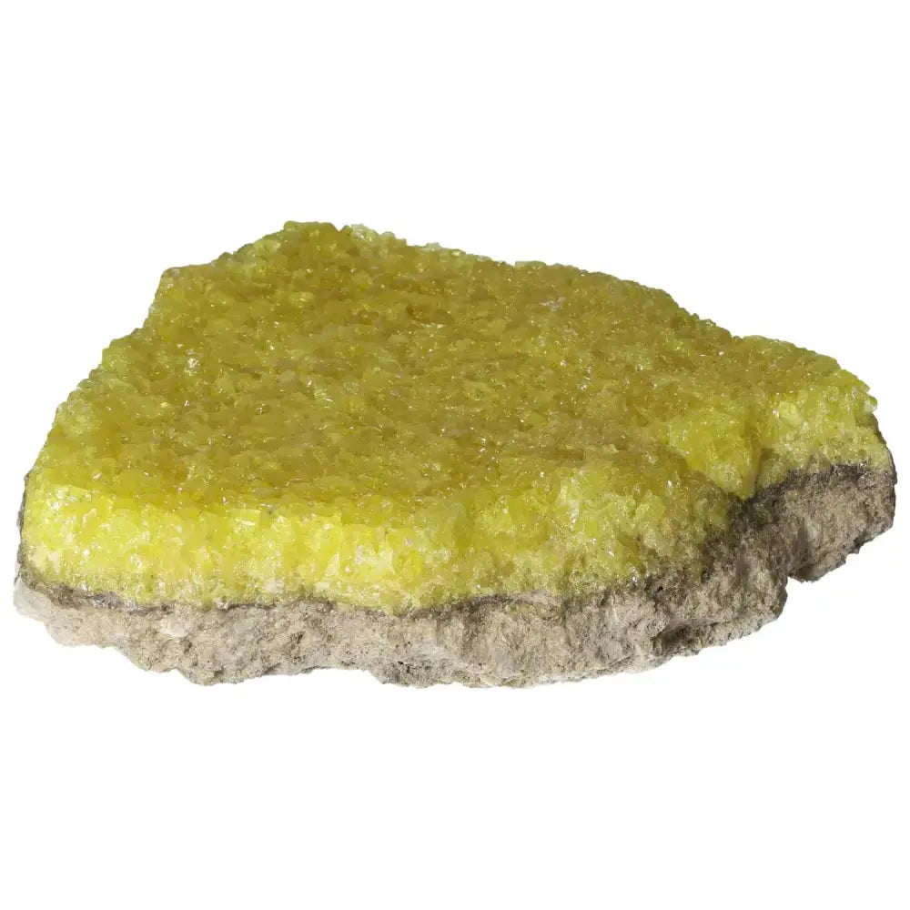 Vibrant yellow Rough Sulphur Druze from Sylvia Crystals, perfect for home decoration and spiritual energy enhancement.