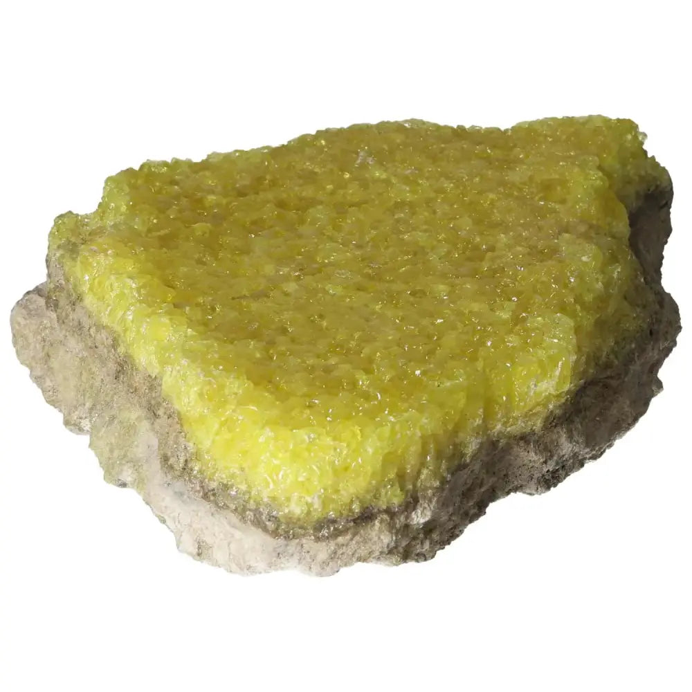Rough Sulphur Druze from Sylvia Crystals with vibrant yellow hue, ideal for home decor and spiritual energy enhancement.