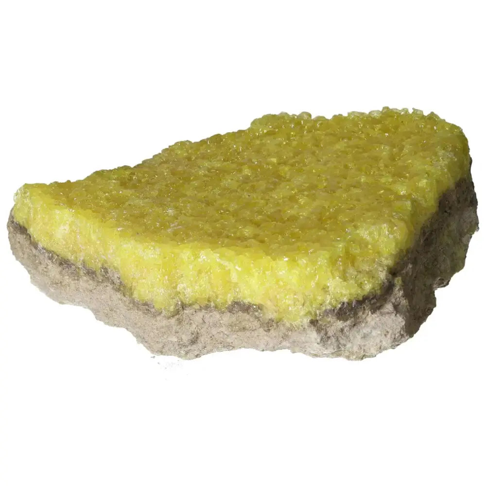 Rough Sulphur Druze with vibrant yellow hue from Sylvia Crystals, enhancing living spaces and uplifting spiritual energy.