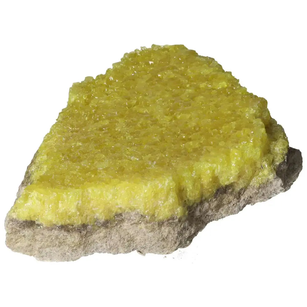 Vibrant yellow Rough Sulphur Druze crystal from Sylvia Crystals, ideal for spiritual energy and home decor.
