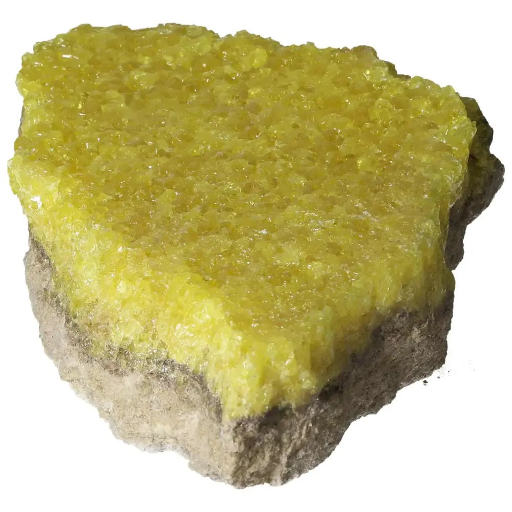 Vibrant yellow Rough Sulphur Druze crystal from Sylvia Crystals, enhancing space and spiritual energy; premium handpicked mineral.