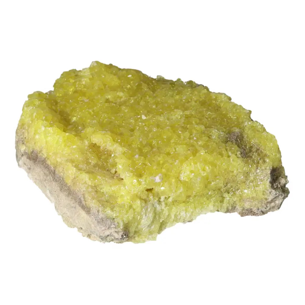 Rough Sulphur Druze crystal with vibrant yellow hues and intricate formations, sourced from Sylvia Crystals.