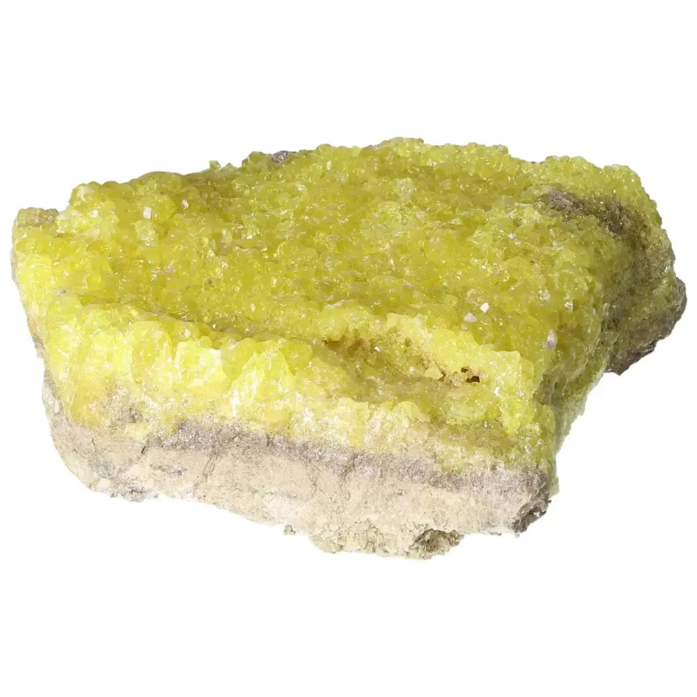 Vibrant yellow Rough Sulphur Druze crystal from Sylvia Crystals, showcasing intricate formations and luxurious spirituality.