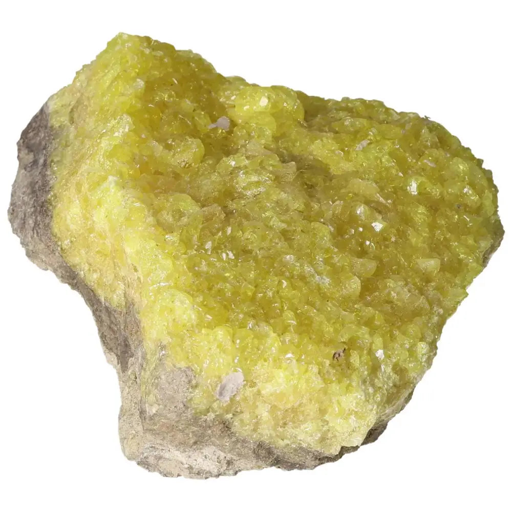 Exquisite Rough Sulphur Druze with vibrant yellow hue and unique crystalline structure, perfect mineral specimen by Sylvia Crystals.