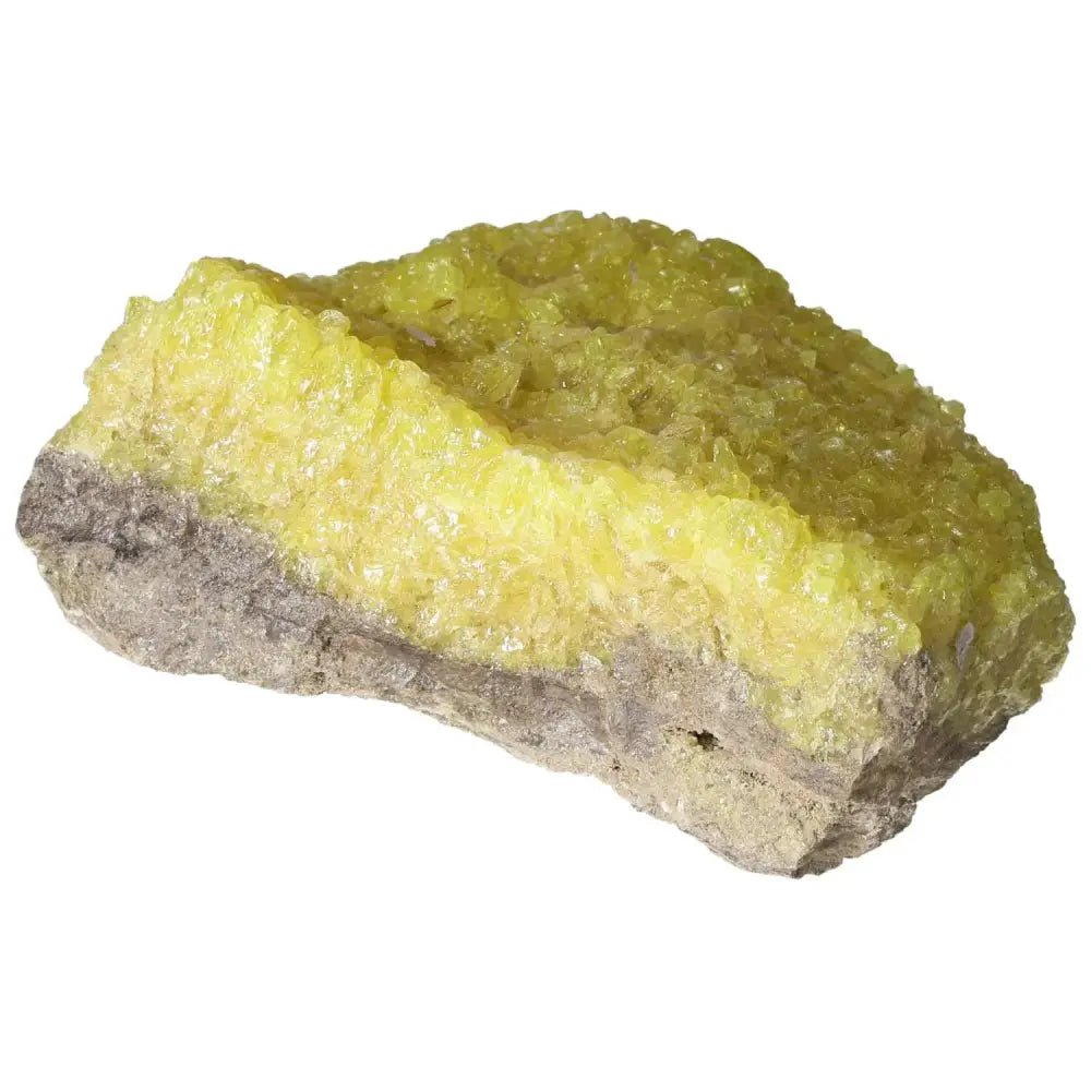 Rough Sulphur Druze exhibiting vibrant yellow crystals, a premium mineral specimen offered by Sylvia Crystals for collectors and enthusiasts.