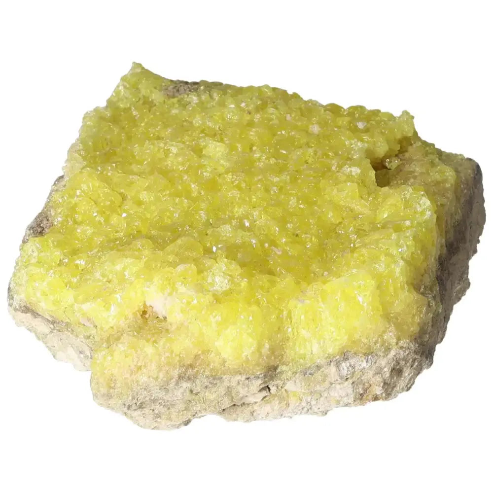 Rough Sulphur Druze crystal with vibrant yellow hues from Sylvia Crystals, highlighting intricate natural formations.