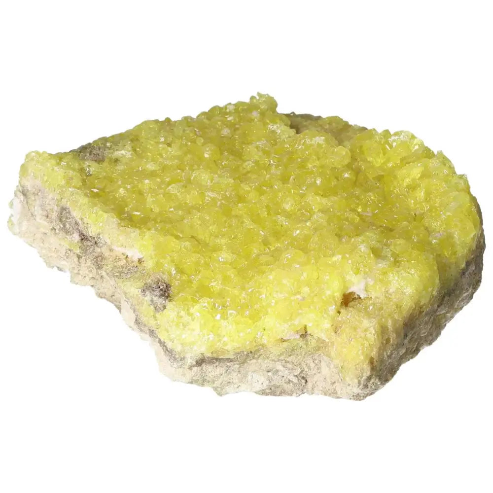 Yellow Rough Sulphur Druze crystal with vibrant hues and intricate formations from Sylvia Crystals, embodying luxury and spirituality.