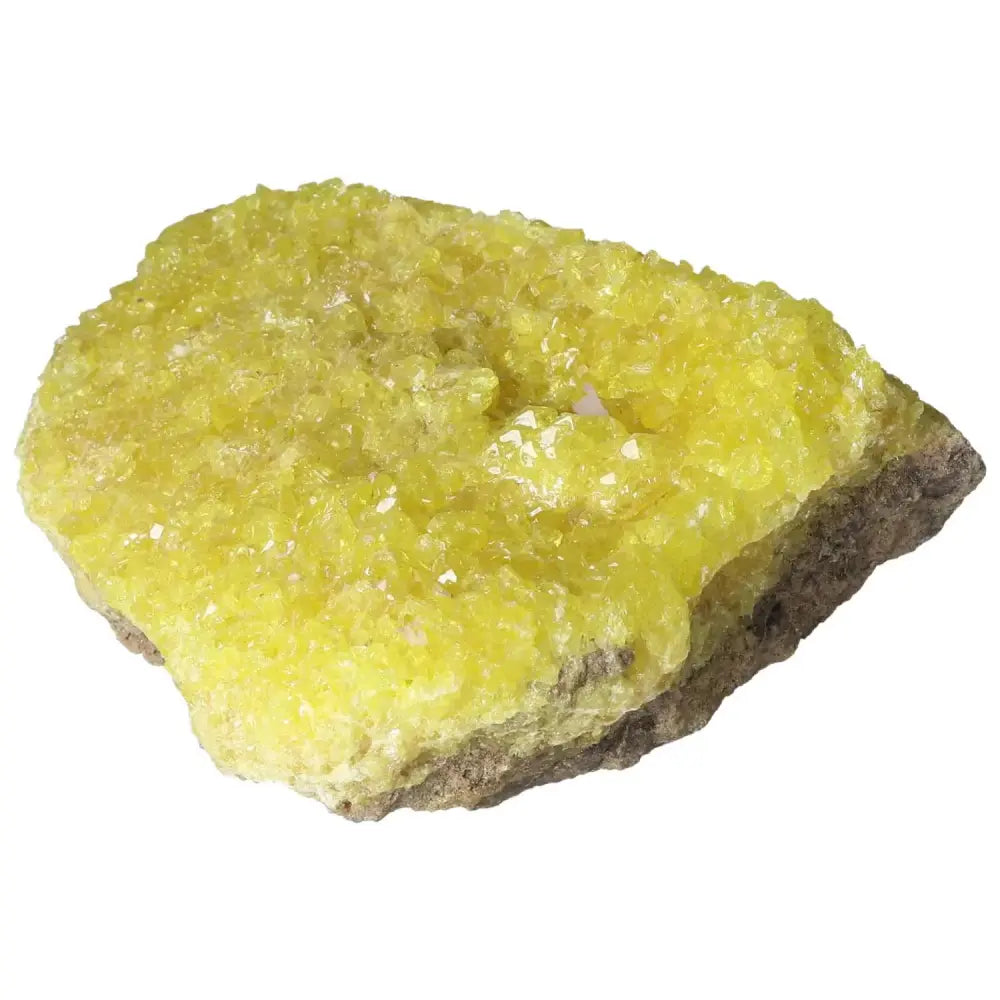 Vibrant yellow Rough Sulphur Druze mineral specimen with unique crystalline structure, by Sylvia Crystals.