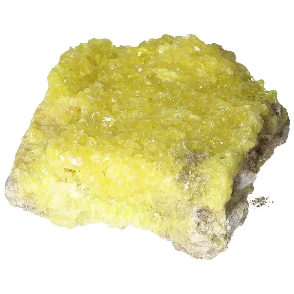 Rough Sulphur Druze crystal with vibrant yellow hues and intricate formations, from Sylvia Crystals, embodying luxury and spirituality.