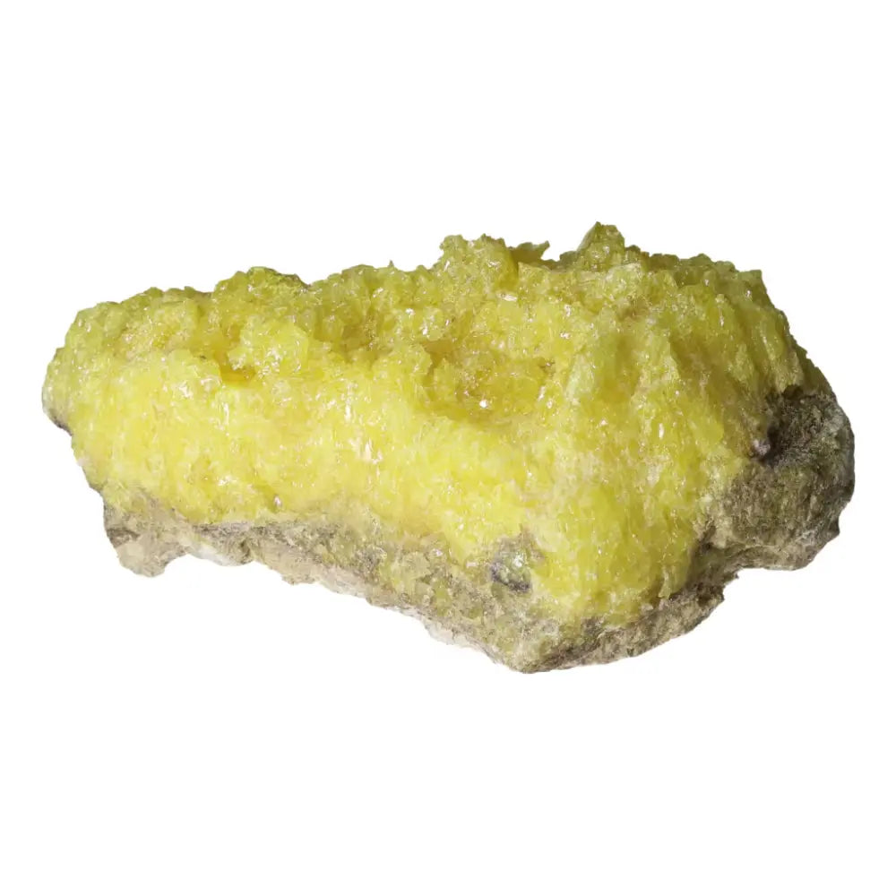 Vibrant yellow Rough Sulphur Druze crystal by Sylvia Crystals, showcasing natural beauty and positive energy.