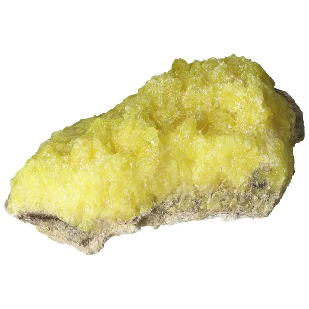 Rough Sulphur Druze mineral with vibrant yellow hue from Sylvia Crystals, showcasing natural beauty and positive energy properties.