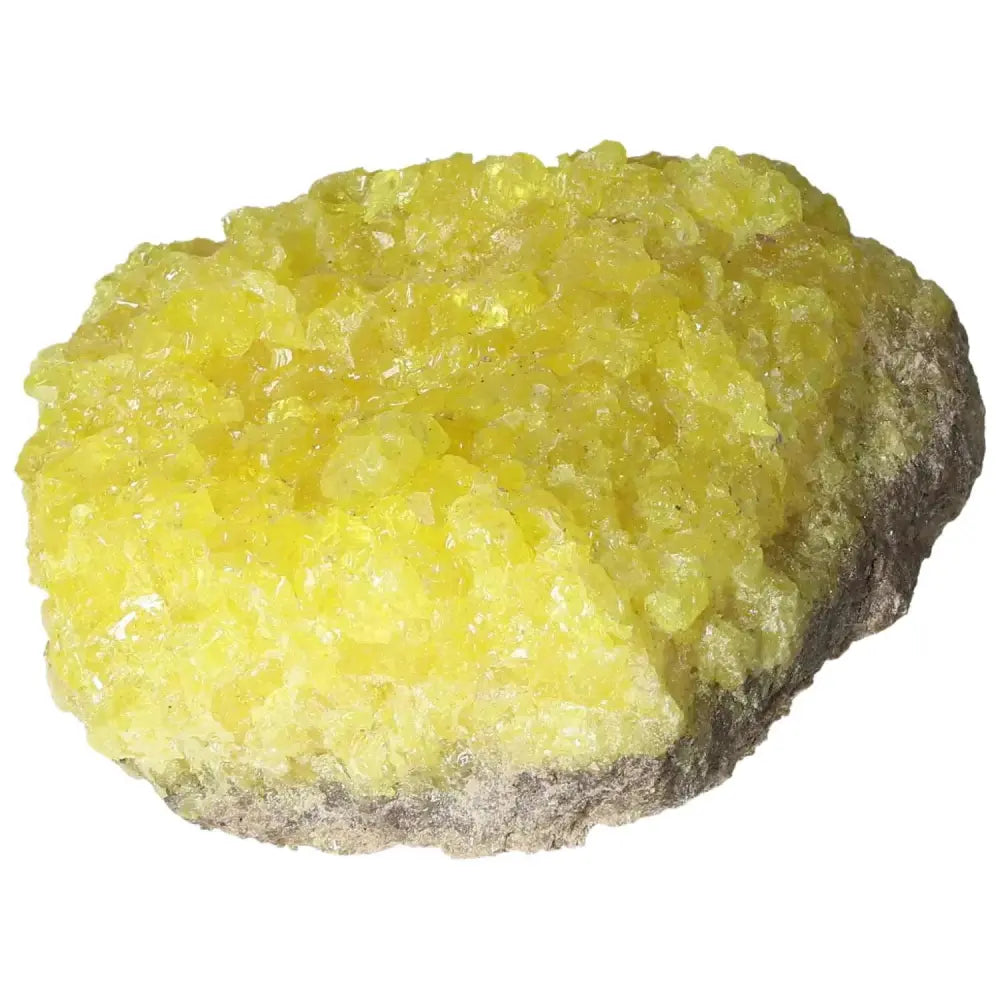 Rough Sulphur Druze crystal with vibrant yellow hue and unique crystalline formations from Sylvia Crystals.