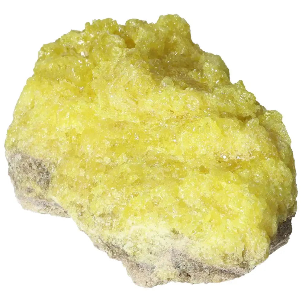 Vibrant yellow Rough Sulphur Druze mineral from Sylvia Crystals, showcasing raw texture and natural elegance, perfect for positivity.