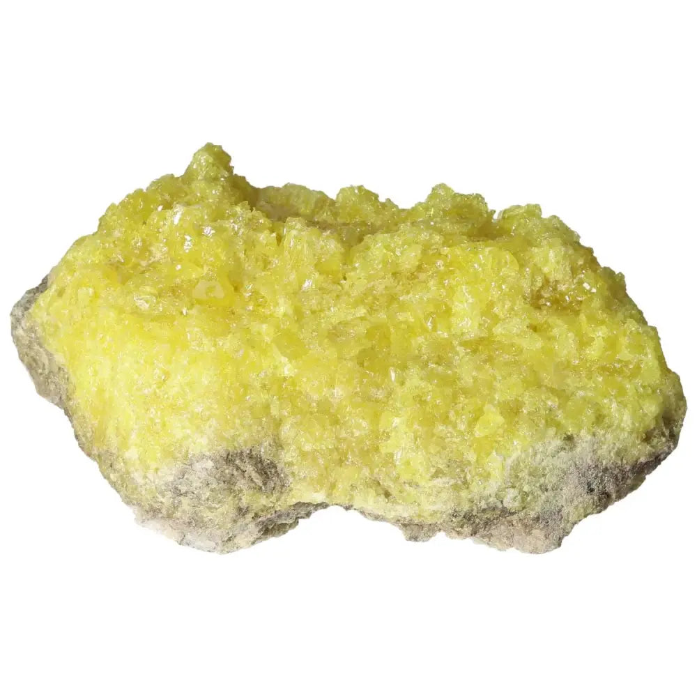 Vibrant yellow Rough Sulphur Druze by Sylvia Crystals, showcasing raw, natural beauty and energy-enhancing properties.