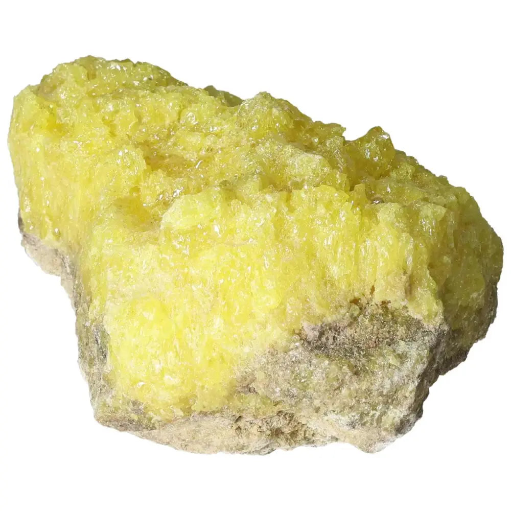 Vibrant yellow Rough Sulphur Druze crystal by Sylvia Crystals, showcasing natural raw texture and positive energy.