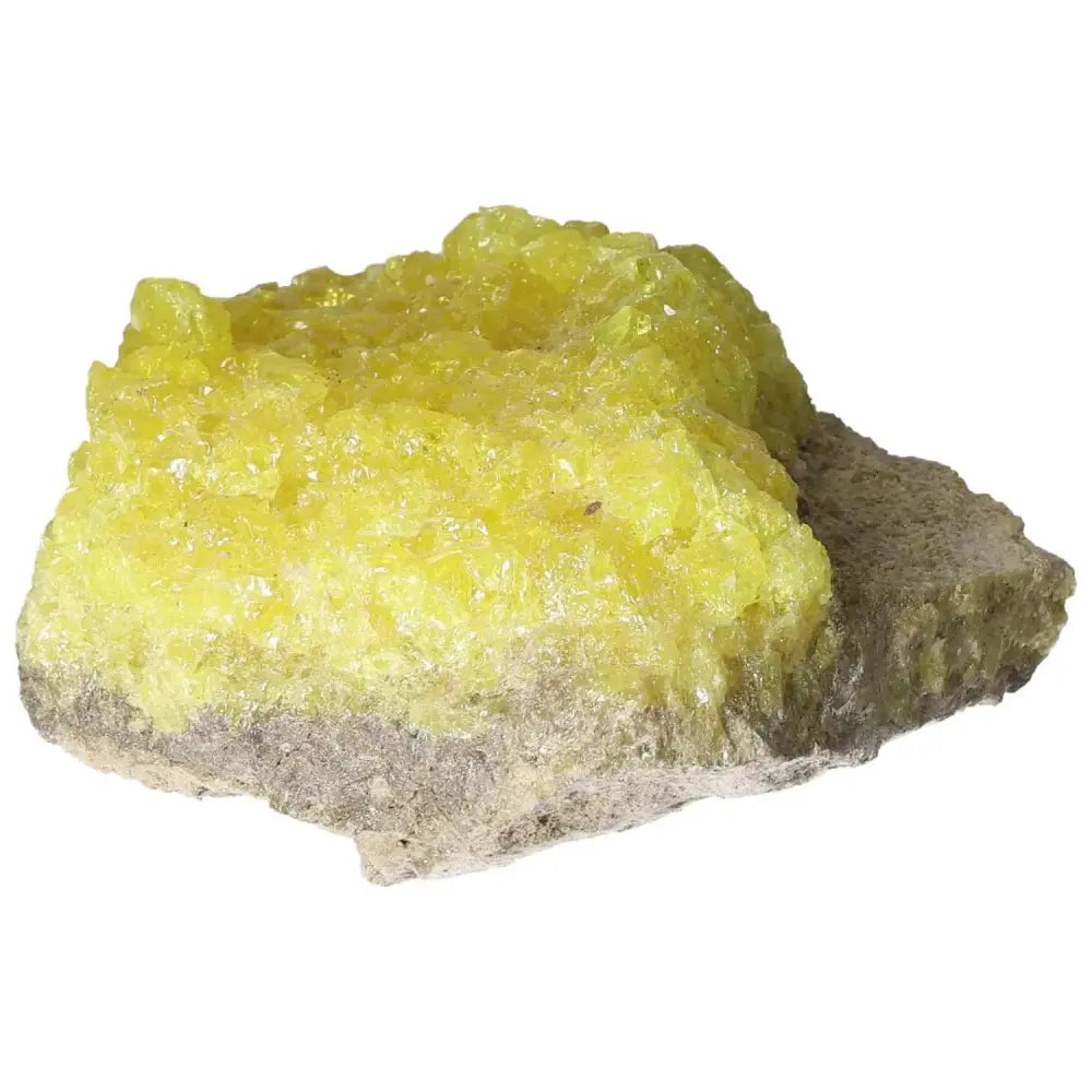 Rough Sulphur Druze crystal specimen with vibrant yellow hue showcasing unique crystalline formations, promoting positivity and cleansing.