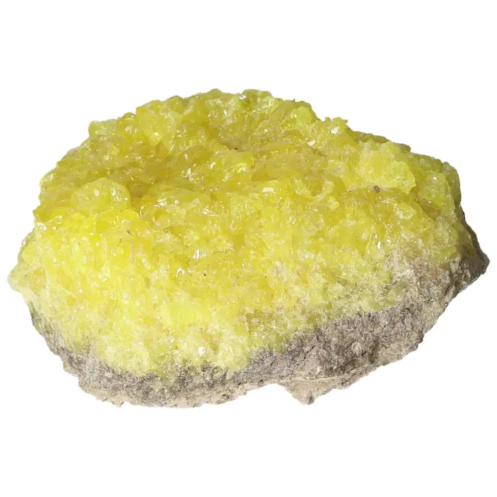 Bright yellow Rough Sulphur Druze showcasing unique crystalline formations, enhancing positivity and elegance from Sylvia Crystals.