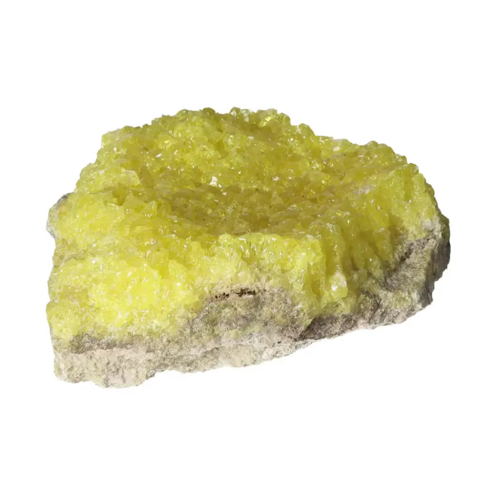 Rough Sulphur Druze from Sylvia Crystals with vibrant yellow hues and natural beauty, enhancing your space with unique energy.