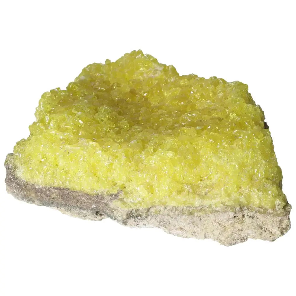 Rough Sulphur Druze crystal displaying vivid yellow hues from Sylvia Crystals, showcasing natural beauty and unique charm.