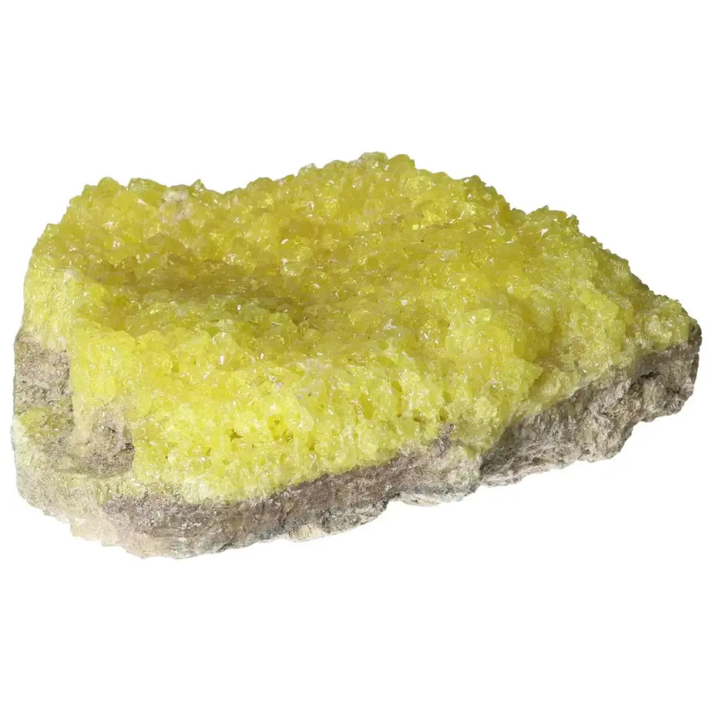 Rough Sulphur Druze crystal from Sylvia Crystals, exhibiting vibrant yellow hues and raw natural beauty.