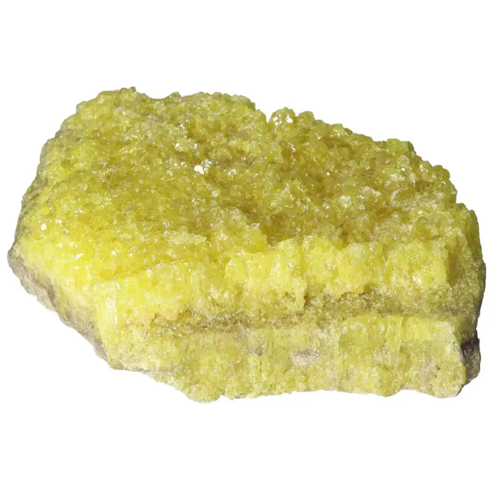 Vibrant yellow Rough Sulphur Druze crystal, showcasing intricate structure and natural elegance from Sylvia Crystals.