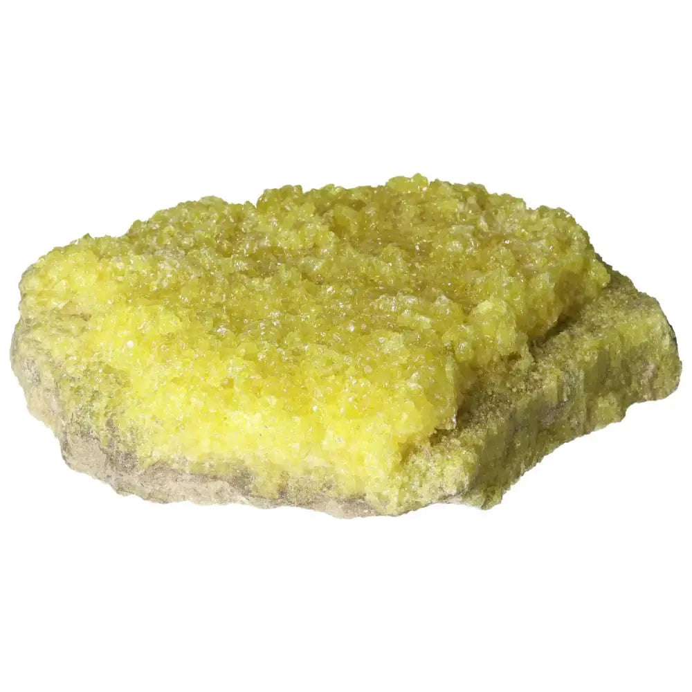 Rough Sulphur Druze crystal with vibrant yellow hue, showcasing intricate crystalline structure and natural elegance from Sylvia Crystals.