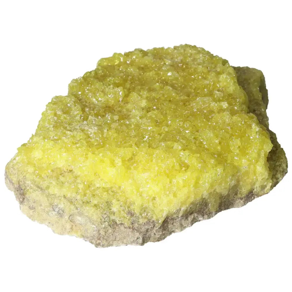 Alt Tag: Vibrant yellow Rough Sulphur Druze crystal, showcasing intricate crystalline structure from Sylvia Crystals, symbolizing luxury.