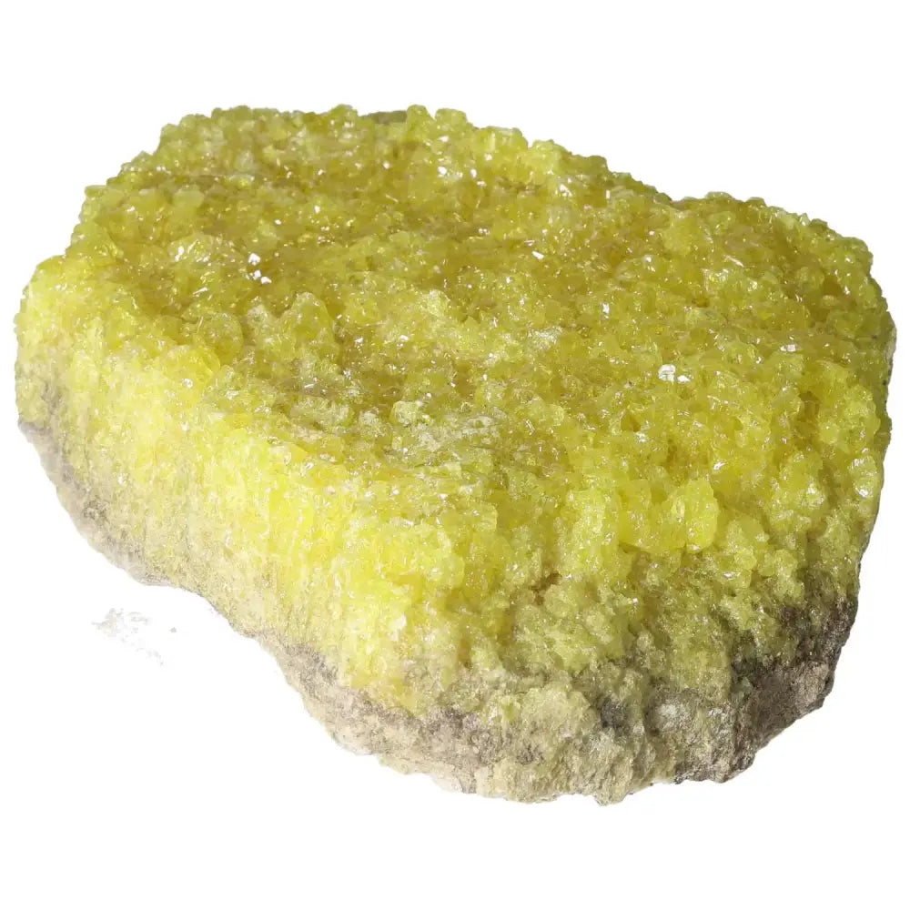 Rough Sulphur Druze crystal displaying vibrant yellow hues and intricate structure, epitomizing luxury and natural elegance from Sylvia Crystals.