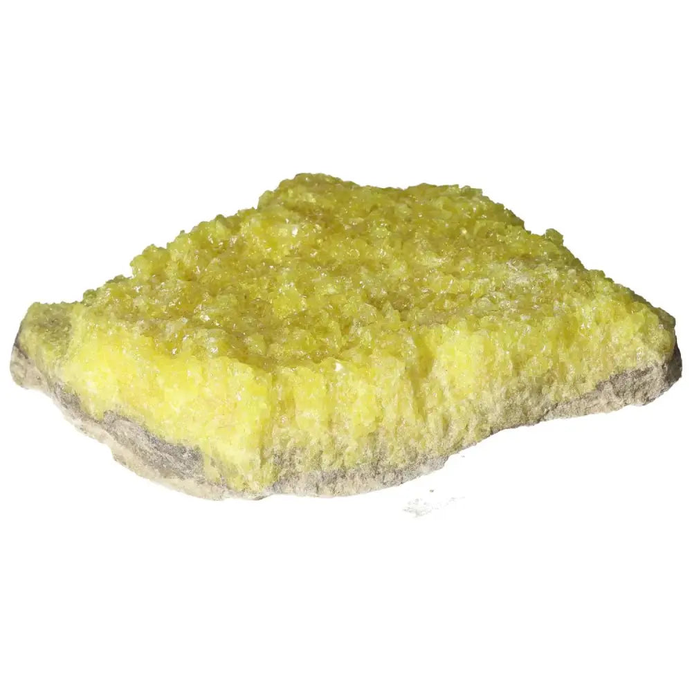 Vibrant yellow Rough Sulphur Druze crystal with intricate structure, offering natural elegance and energy, by Sylvia Crystals.