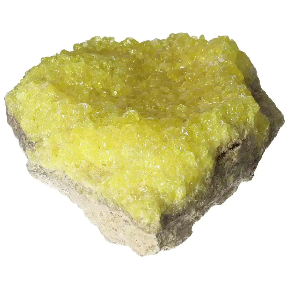Rough Sulphur Druze crystal displaying vibrant yellow hues, part of Sylvia Crystals collection, known for its natural allure and energy.