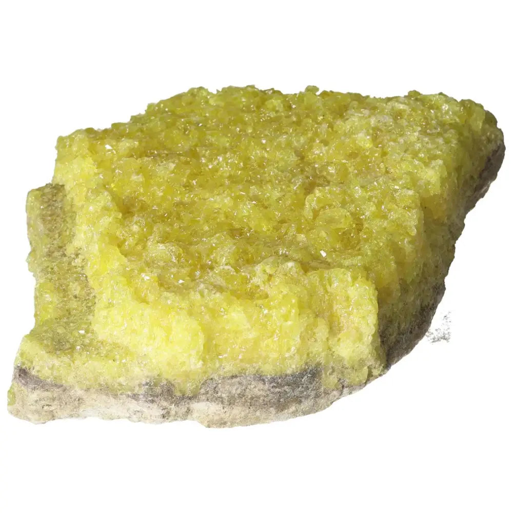 Vibrant yellow Rough Sulphur Druze from Sylvia Crystals showcasing natural elegance and crystalline structure for spiritual depth.