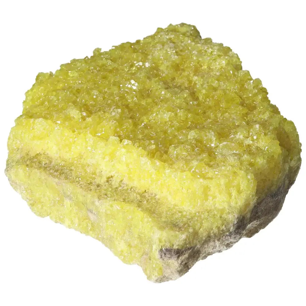 Rough Sulphur Druze crystal with vibrant yellow hues, showcasing intricate crystalline structure, from Sylvia Crystals collection.