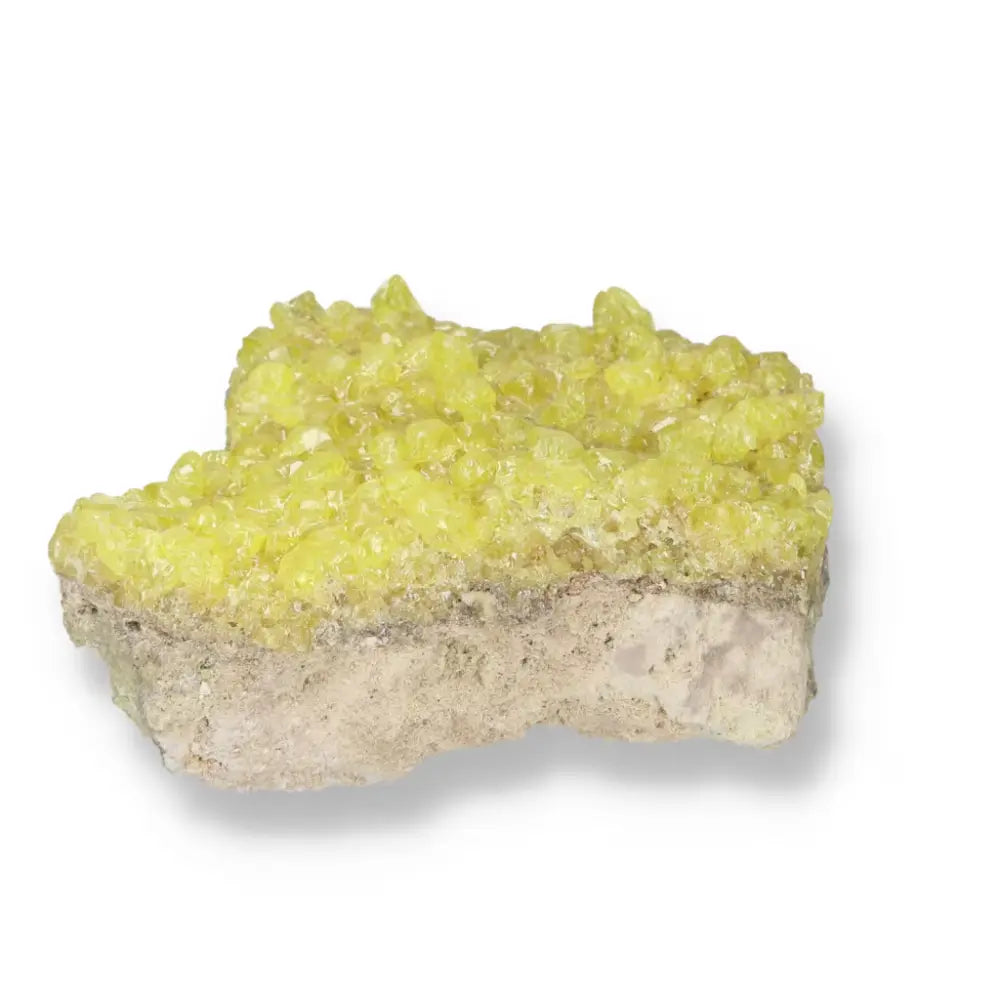 Vibrant rough sulfur druze crystal with bold yellow hues and high energy, ideal for purification and cleansing from Sylvia Crystals.