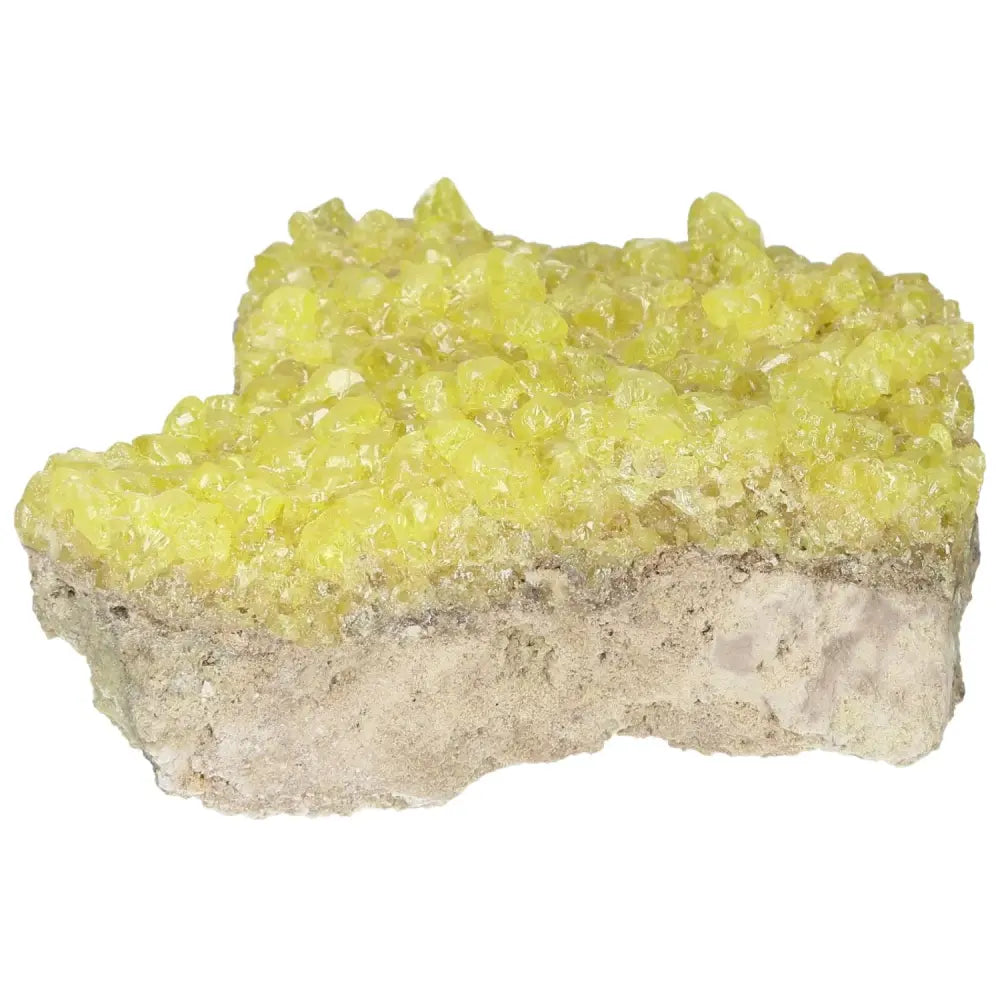 Vibrant rough sulfur druze crystal with bold yellow hues on a rugged matrix, known for energetic amplification and purification.