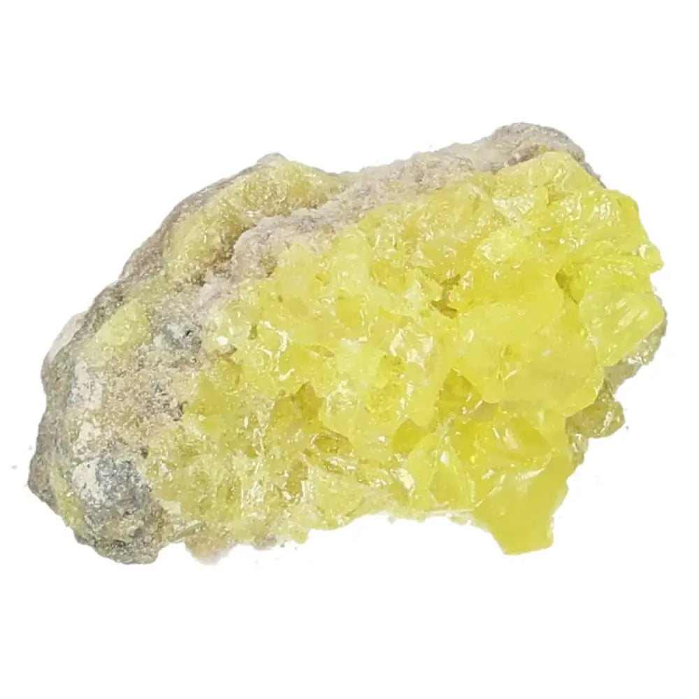 Vibrant rough sulfur druze crystal with bold yellow hues, known for cleansing properties and energetic amplification from Sylvia Crystals.