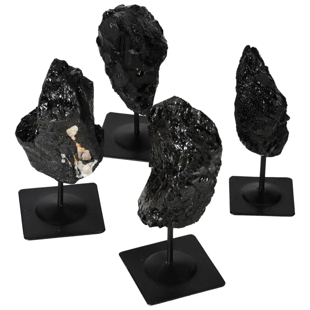 Rough Tourmaline on Metal Stands showcasing deep black crystals, enhancing modern decor with a touch of natural elegance.